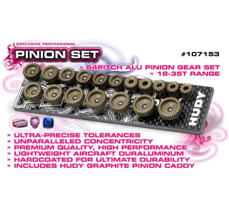 SET OF 18 ALU PINIONS 64P WITH CADDY 18T ~ 35T